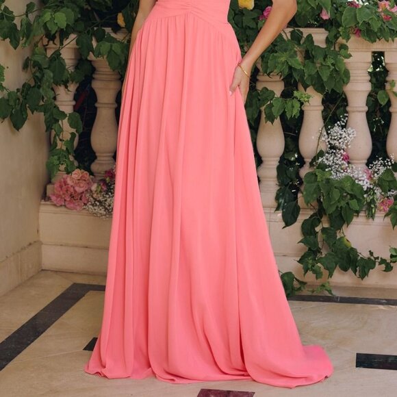 New Soft Coral Lightweight Chiffon A-Line Bridesmaid Dress w/Halter Neck CD T715 - Picture 10 of 10